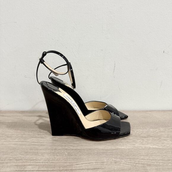 Jimmy Choo Brien 85 Patent Leather Wedge Heel Sandals Black Women's EU 38.5 - Picture 2 of 7